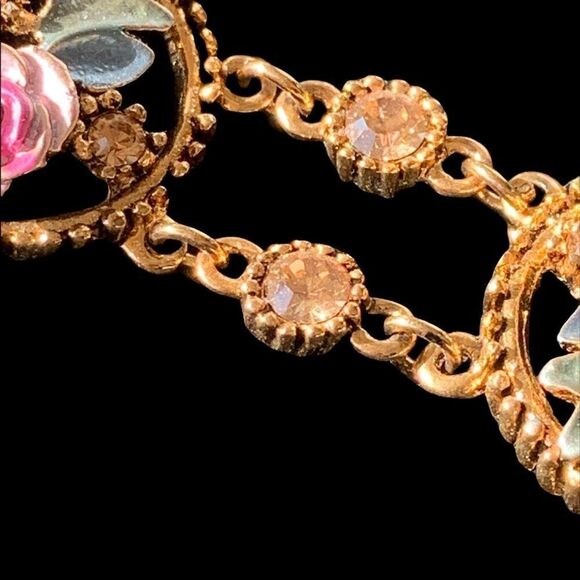 Vintage rose floral enamel open work crystal bracelet Banana Bob sample 8” + - Picture 2 of 11